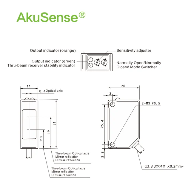 Hot-sale  Square flat dual LED indicators laser optical  beam photo electric sensor