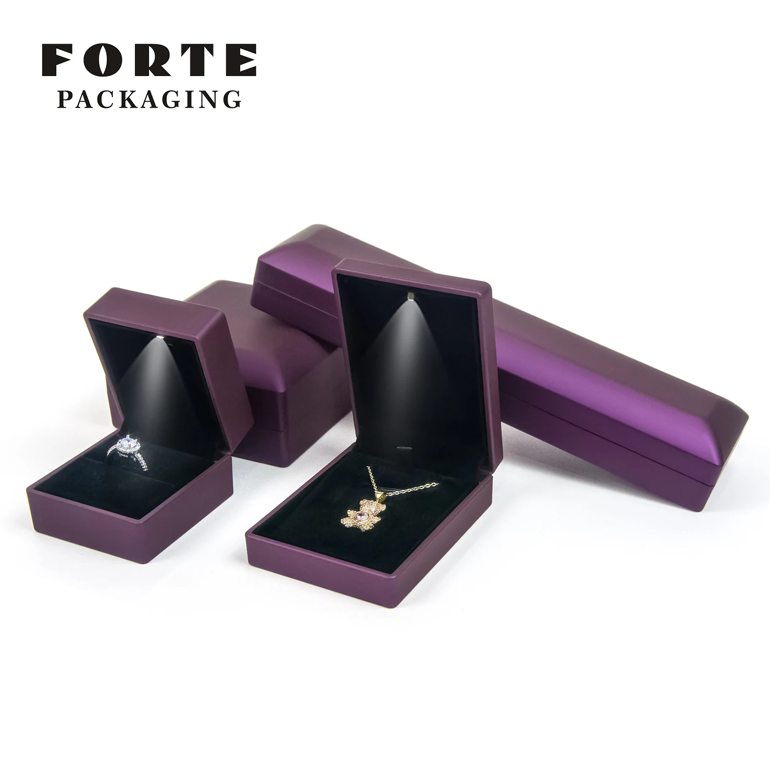 FORTE hot sale In stock LED bracelet box purple pendant package velvet inlay white ring box LED jewelry box