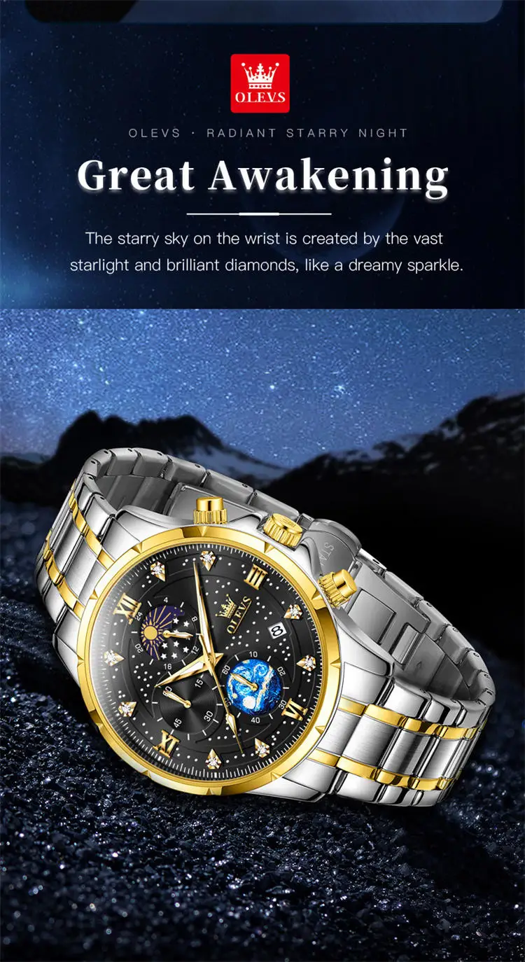 OLEVS 9807 special custom brand  gents quartz watch original Stainless steel band Luminous Chrono stars sun Casual hand watch