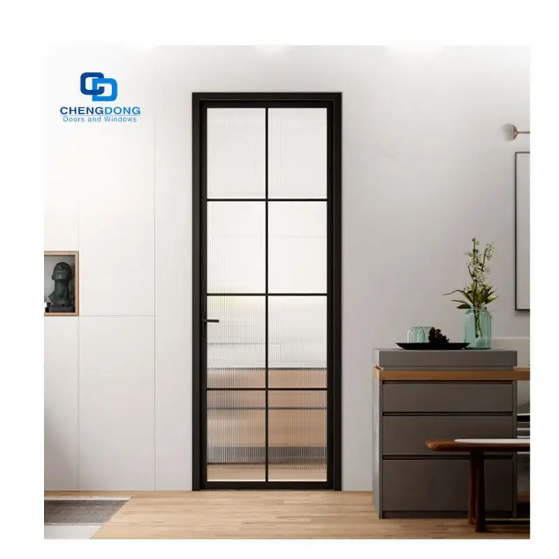 Crittall Modern Black Metal Narrow Frame Interior Stained Glass Aluminum Hinged Swing French Single Door For Office