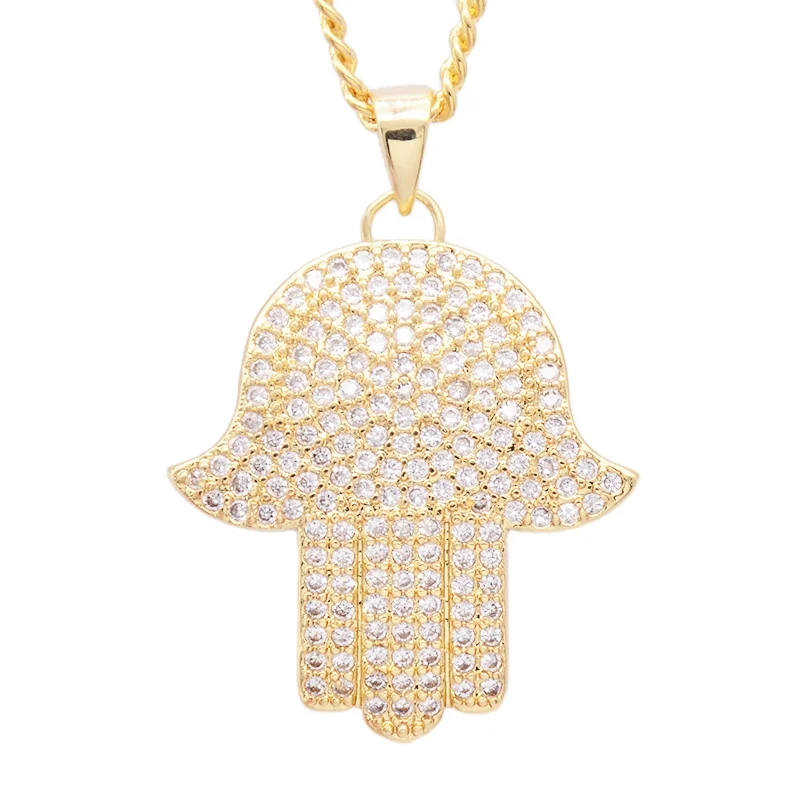 Amazon Hot Selling Jewelry Collection White Zircon Stone Palm Pendant Necklace 18K Gold Plated Men Chain Necklace