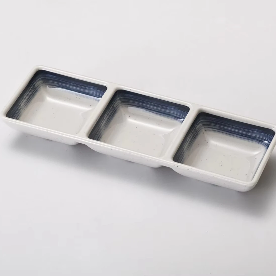 Blue Lines Pattern 3-Divided Sauce Dish Plate Melamine Plates Rectangle Melamine Japanese Food Dipping Sauce Plates