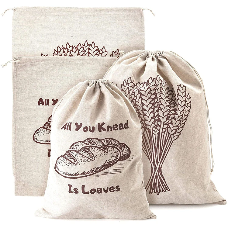 Custom logo printed french eco friendly reusable organic canvas cotton linen bread bag
