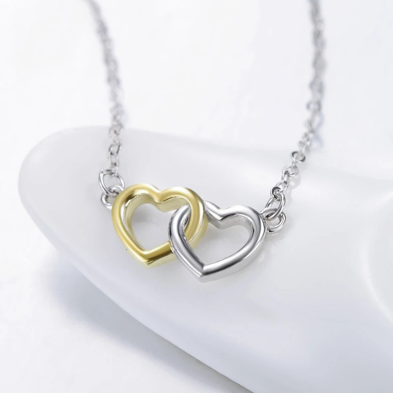 Sweet and lovely s925 sterling silver double heart necklace temperament color separation plating chain pendant female