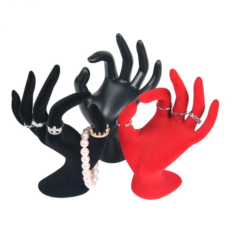 Classic Black Red OK-Gestured Velvet Hand Rings Bracelets Jewelry Display Stand Holder Prop