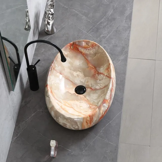 Sanitary ware oval marble stone pattern art basin  no hole multi color easy clean art vanity wash bath sink ceramic art sink