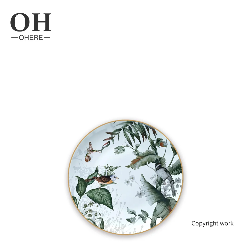Ohere Latest customized green fine Bone China dinner Set wedding lovely bird ceramic tableware sets used restaurant plates