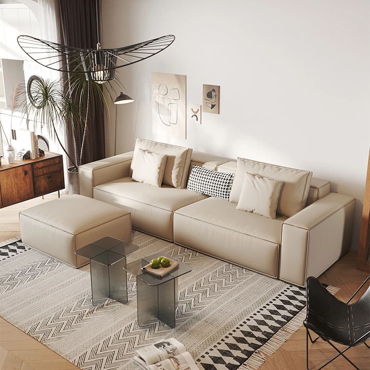 Modern cream style leather sofa Italian light luxury straight row four-person villa apartment living room square sofa