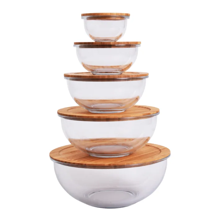 Eco friendly 5 pcs clear glass fruit bowls mixing bowl set with wood lid