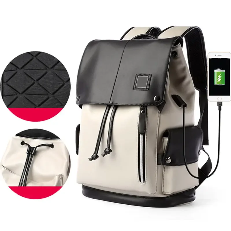 Fashion Lightweight Waterproof Travel Smart Laptop bag Men PU Leather Backpack With USB charging