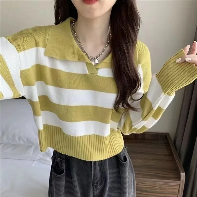 Lazy Stripe Contrast Polo Neck Sweater for Women Long Sleeved Knitwear Thin Knitted Bottom Top for Girls