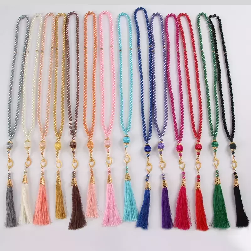 Wholesale Eid Mubarek Gift Tasbeeh 99pcs 6mm Imitation Glass Pearl Beads Islamic Tassel Pendant Muslim Prayer Tasbih For Prayer