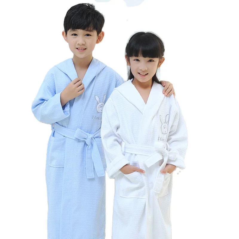 Kids Thin Waffle Bathrobe with Hood Children Summer Swimming Robe