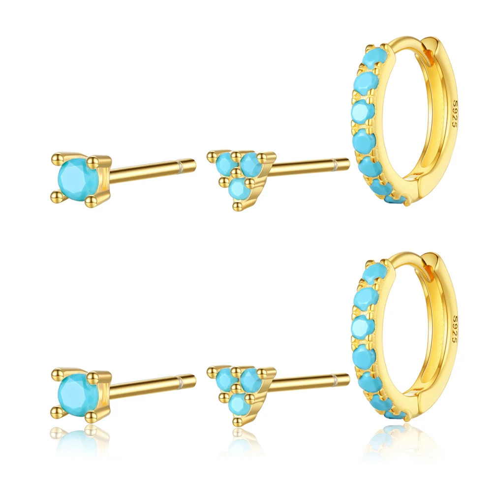 925 Sterling Silver Jewelry  Triangle Turquoise Gold Plated Rhinestone Tiny Stud Hoop Earrings Set Women