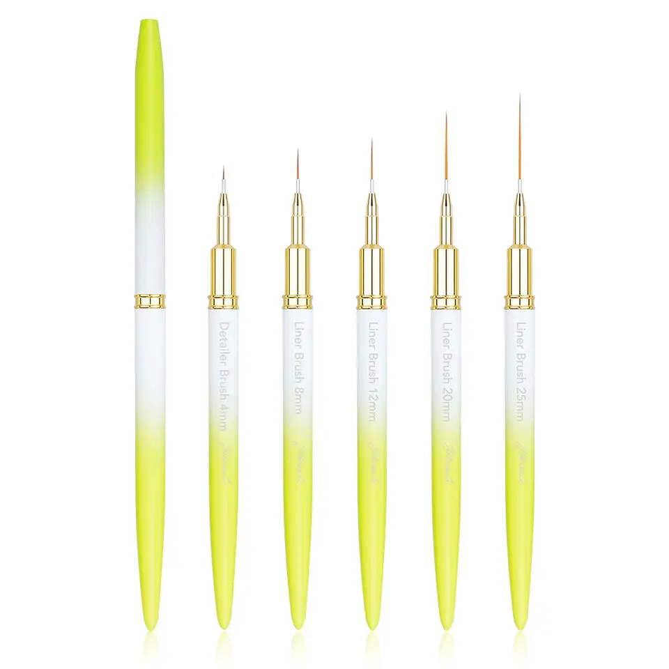OEM lemon yellow colors liner brushes sets super thin nail brushes nylon hair with different length in 4mm/ 8mm/12mm/20mm/25mm