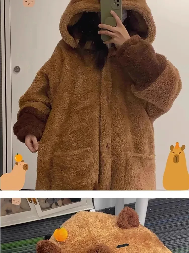 RuunJoy Cute Capybara Winter Pajamas Cartoon Animal Soft Plush Jumpsuit For Adults Kawaii Velvet Robe Home Clothes Set Gift