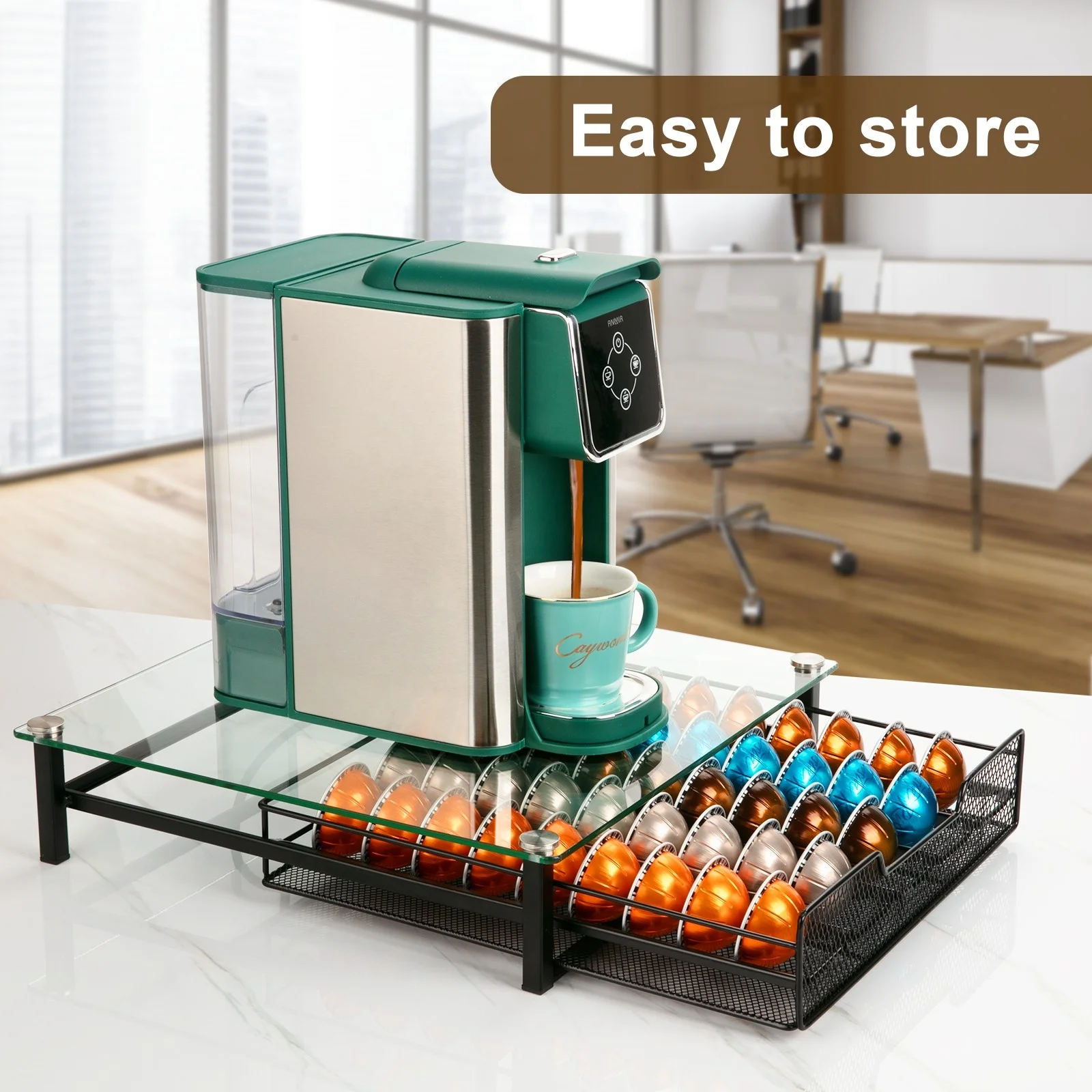 Factory New Design Tempered Glass Clear Coffee Pod Holder And K Cup Organizer Drawer For Storing Coffee Capsules