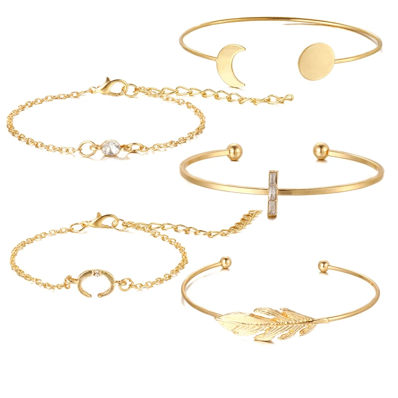 Fashion Rose Gold Silver Plated Jewelry Twist Diamond Layered Open Crystal Sun Moon Leaf Bracelet For Women