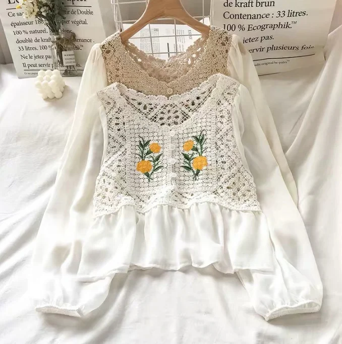 2023 Women Vintage solid knitting V-neck Embroidery Hollow Out long Sleeve Blouses and Shirts For Lady Tops Clothing
