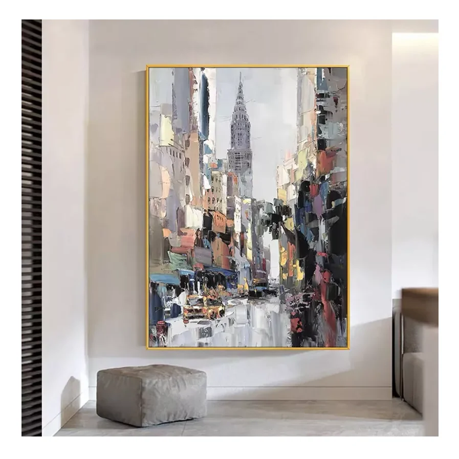 100% Real Hand Painted Abstract Modern City Oil Painting on the Canvas by the Professional Artist for Home Wall Art Decor
