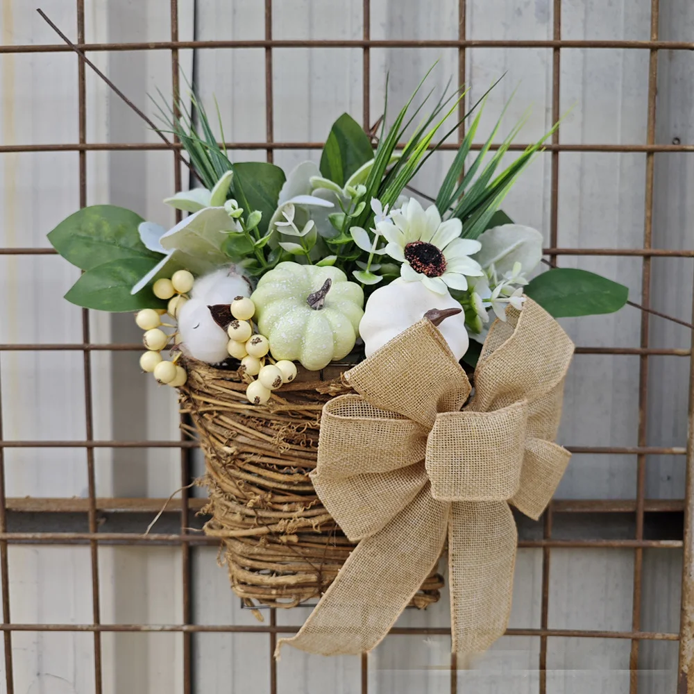 Harvest Festival Autumn pumpkin flower basket simulation maple leaf Thanksgiving decoration door wall hanging