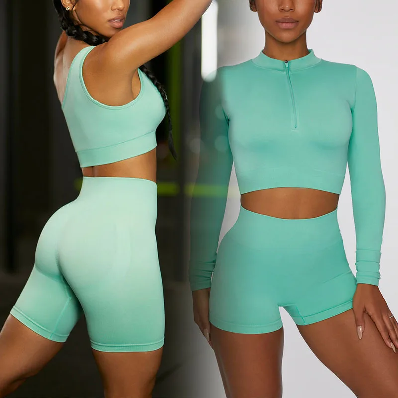 2022 New Women High Elastic 5 Piece Seamless Gym Sports Short Yoga Wear Workout Clothing Set Fitness Activewear