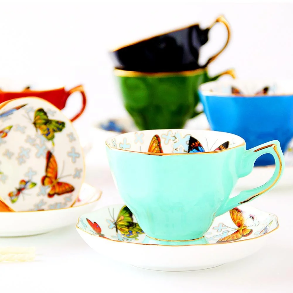 Tea Cup and Saucer Set-8oz Bone China Afternoon Tea Cup with Saucer Butterflies Printing Gift Teacups for Girls or Fri