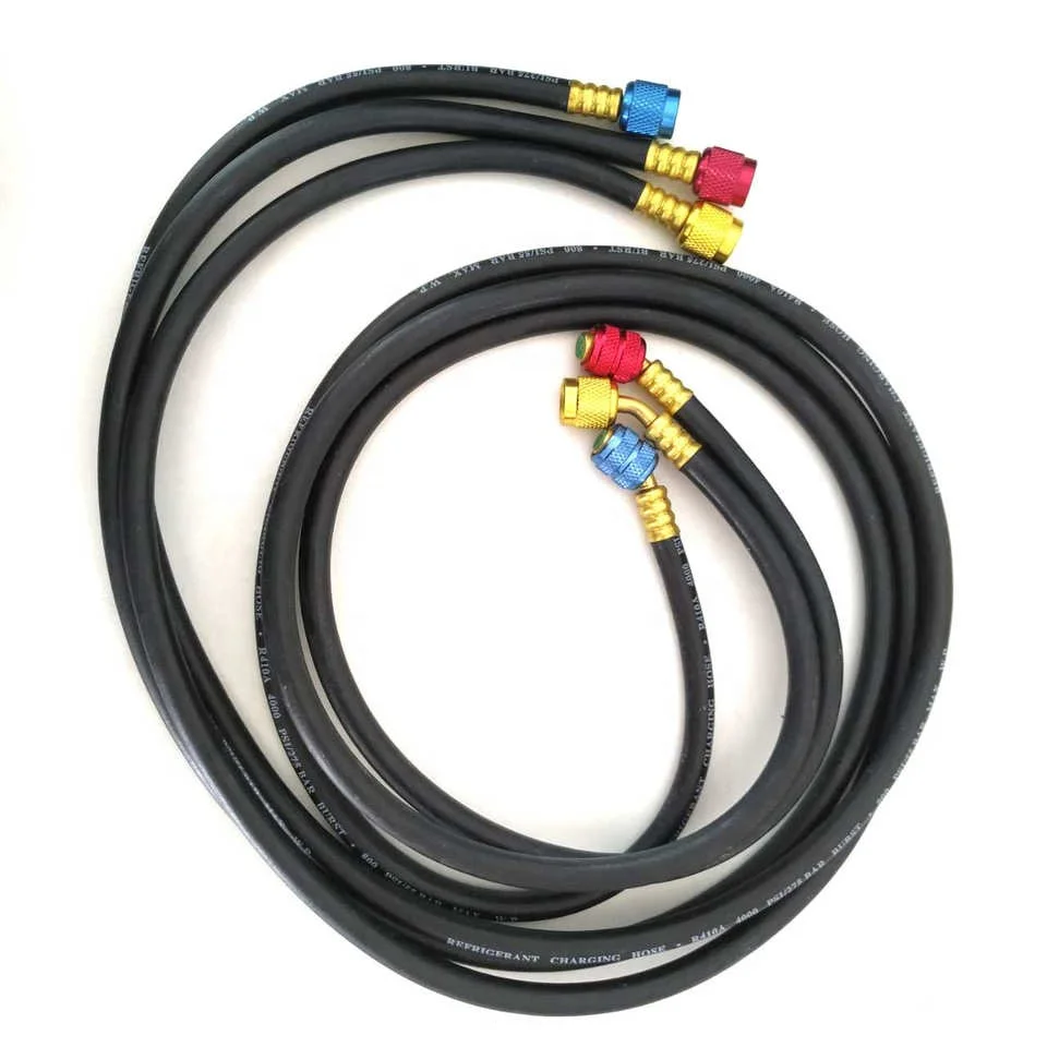 HVAC Refrigerant Black Rubber Charging hoses with 3 colors aluminium alloy connector for refrigerant charging.