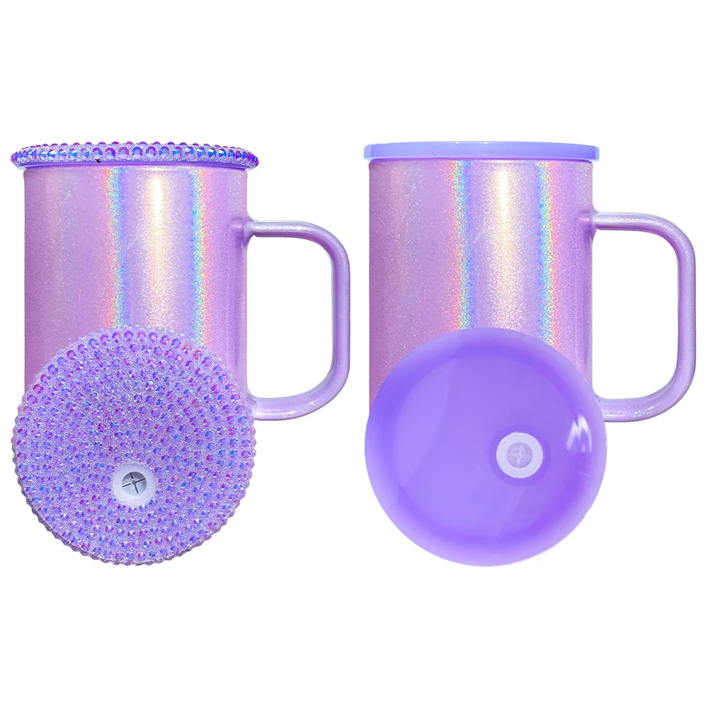USA warehouse 17oz holographic shimmer glass mug with studded lid High Borosilicate sublimation glass mug with pp lid