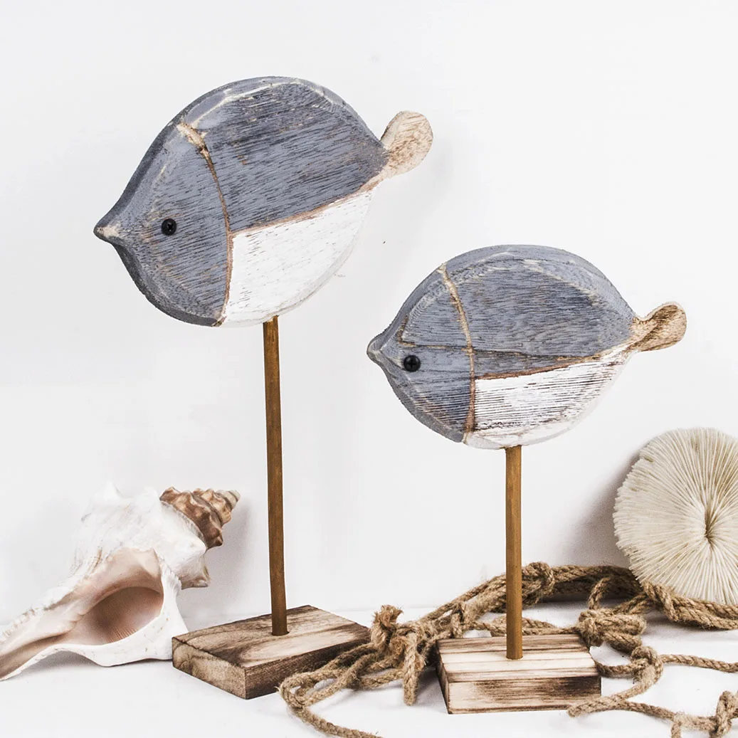 Nautical Theme Hand Carved Three Colours Wooden Fish Home Decor Table Centerpiece