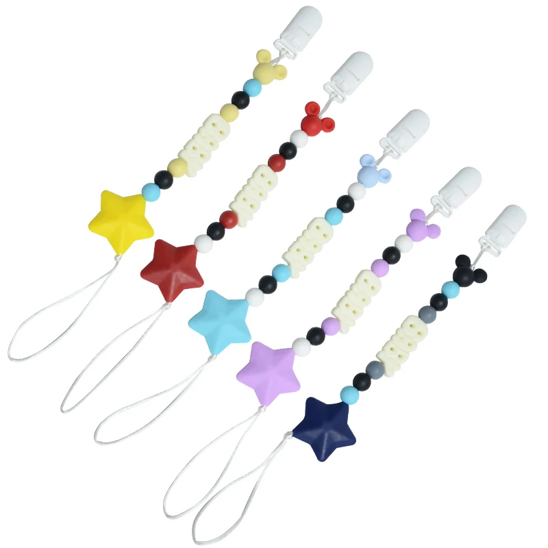 2022 high quality custom flowers teething packaging personalised clip chain beads dummy bulk silicone baby pacifier clip