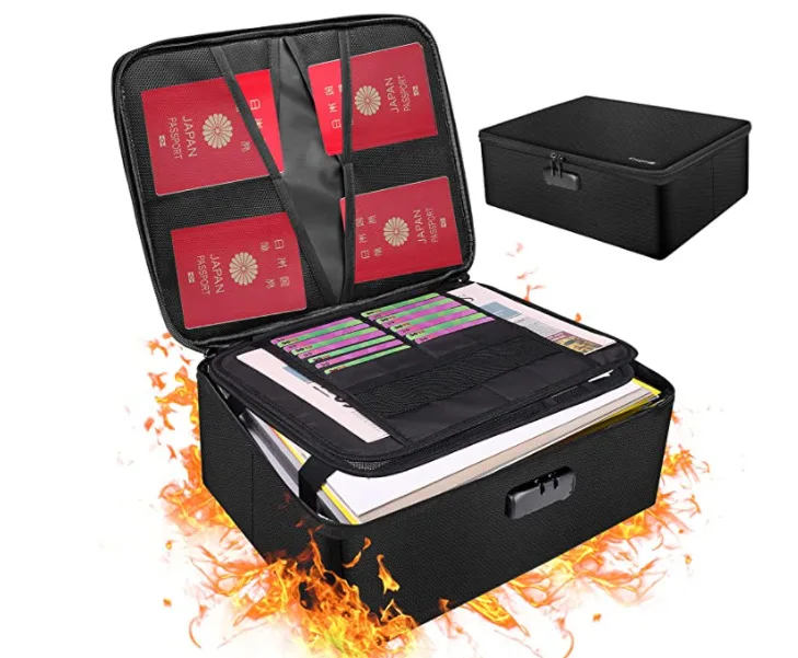 Water Resistant Fire Safe 3-layer Zipper Closure Organizer Boxes Black Waterproof Fireproof Document Bag With Lock