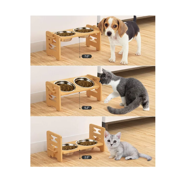Adjustable Bamboo Wood Raised Small Pet Bowls Elevated Feeder For Dogs Cats Food bowls elevated