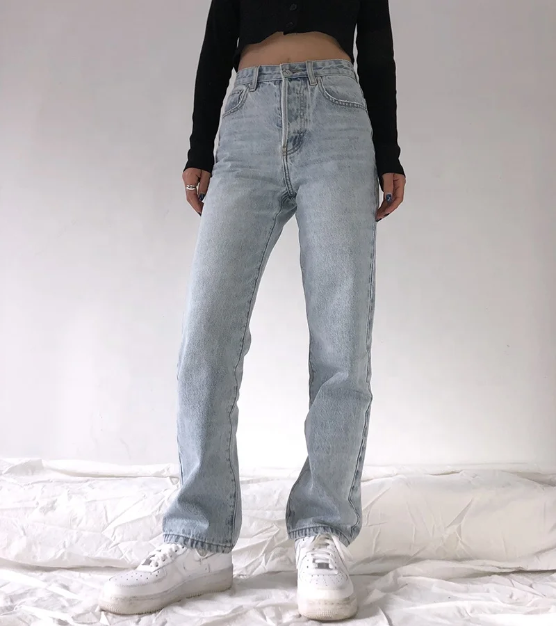 
2021 High Waist Loose Denim Pants Fashionable Casual Straight Mom Jeans Light Washed Boyfriend Baggy Jeans For Women 
