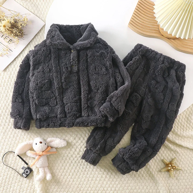 Tailor the Size of the Clothes Thickened Flannel Pajama Sets for Boys Girls Home Plush Baby Clothes with Cartoon Pattern Thermal