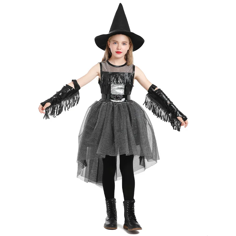 Halloween Crow Witch Costume Black Goth Style Girls Performance Puffy-Tail Dress for Girls Witch Performance