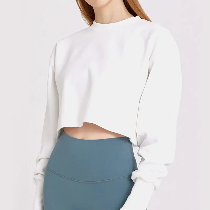  2021 fashion design cropped jumper custom logo printed blank black ladies pullover crewneck white plain crop top