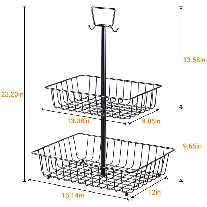 Detachable double metal fruit basket Countertop fruit drain basket with banana rack desktop snack storage basket