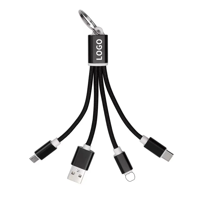 Portable Gift Advertising Logo Printing Keychain 3 In 1 Charging Cable Data Cable Keychain One Drag Three Data Cable
