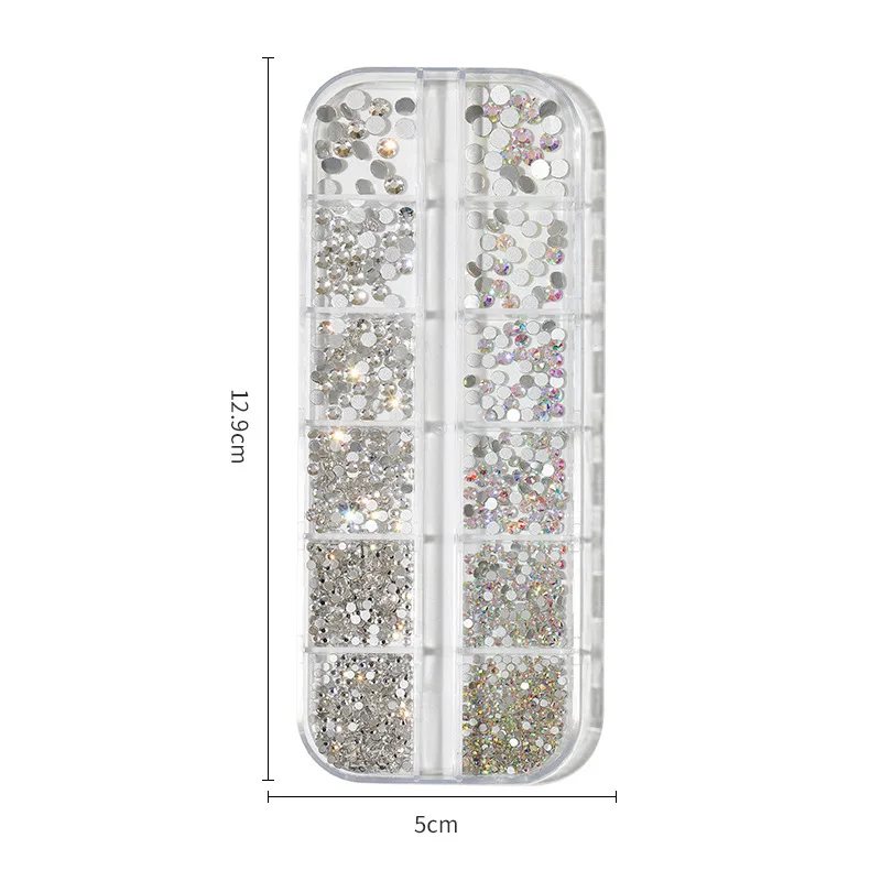 Nail Art 12 Grid Round Nail Art AB Flat Back Rhinestone Mix Size Color 3D Diamond Accessory