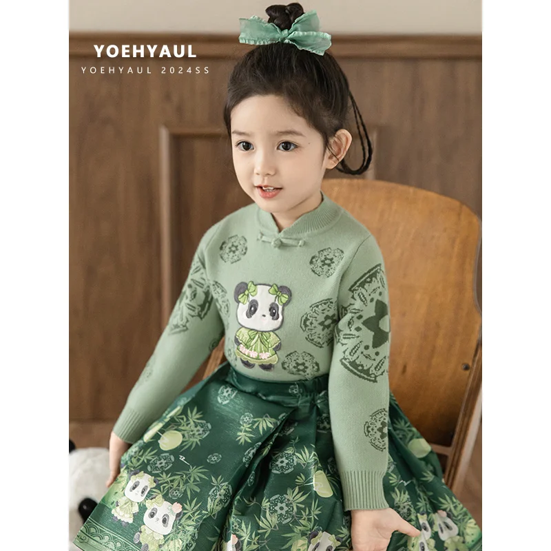 YOEHYAUL D3695 Winter Chinese Horse Face Skirt Set for Girls Cute Panda Embroidery Pullover Knitted Sweater Set for Children