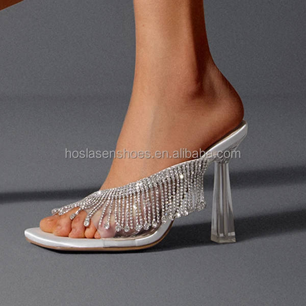 Hoslasen custom wholesale clear heel rhinestone chains sexy fashion comfort pvc sandals transparent sandals for women