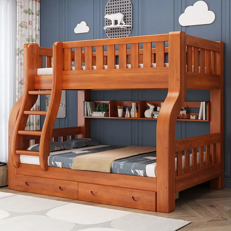 Cheap Girls Adults Solid Wood Frame Double Children Bed King Size Modern Bedroom Furniture Kids Bunk Bed With Slide And Stairs