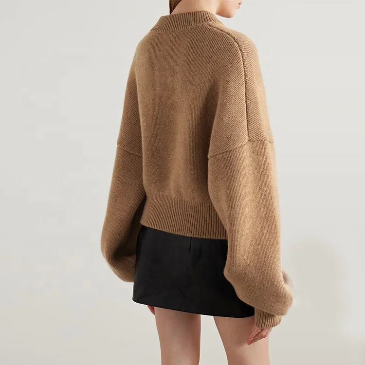 Clothing manufacturer custom autumn winter brown v neck long sleeve zipper women wool cashmere knit sweater