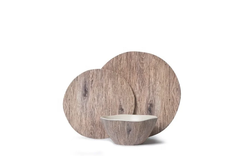 Wooden design melamine dinner set with bamboo fiber with salad dinner bowl plate