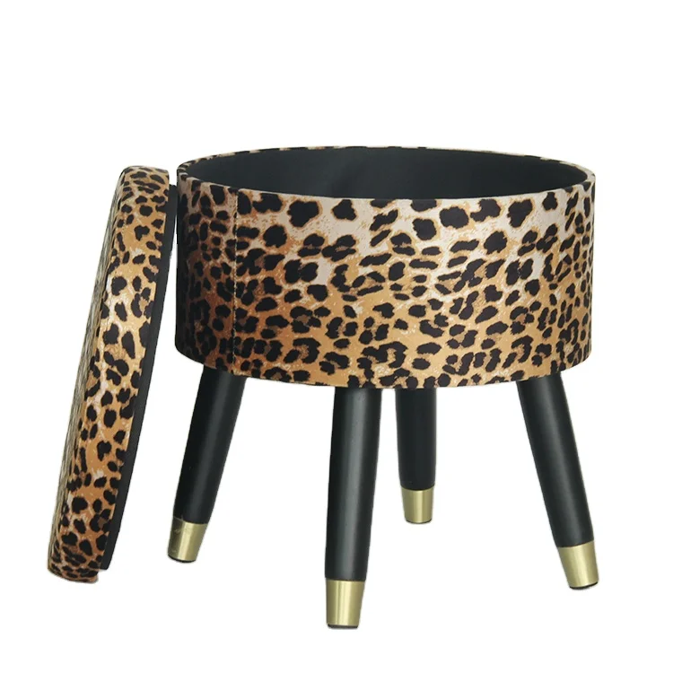 Leopard Print Space Saving Velvet Storage Foot Pouf Ottoman Stool with Wooden Legs