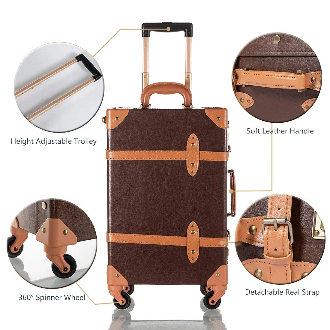 TOURBON VINTAGE LUGGAGE PU TROLLEY SUITCASE WITH LUGGAGE BAG