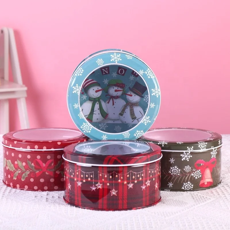 XJH Christmas Tins with Window Cans Cookie Box Santa Gifts Box Round Cake Tin Box Christmas Tin for Gift Candy Cookie Package