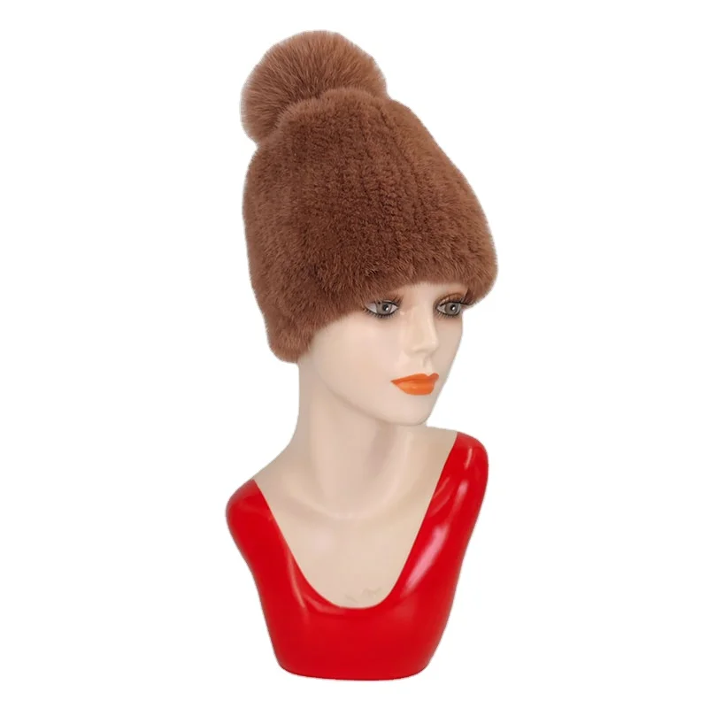 High-End Hand-Woven Mink Fur Knit Hat Fur Hat With Fox Fur Ball For Women Winter Warm Mink Hat