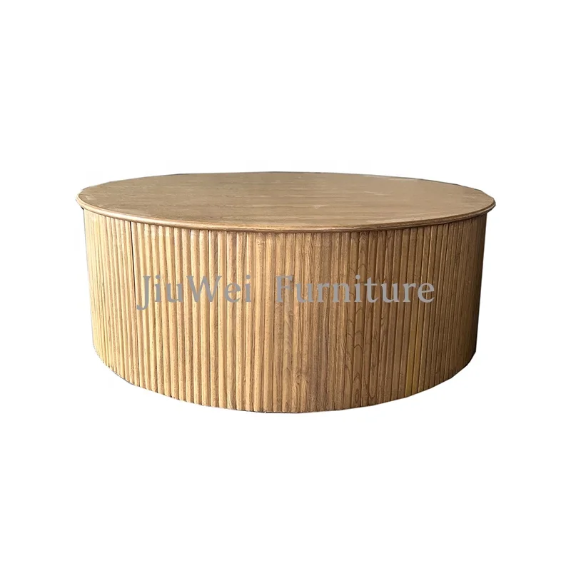 New Designs  Living Room Furniture Reclaimed Elm Wood Strip Edge Lounge Oak wooden Industry Hamptons Style Round Coffee Table